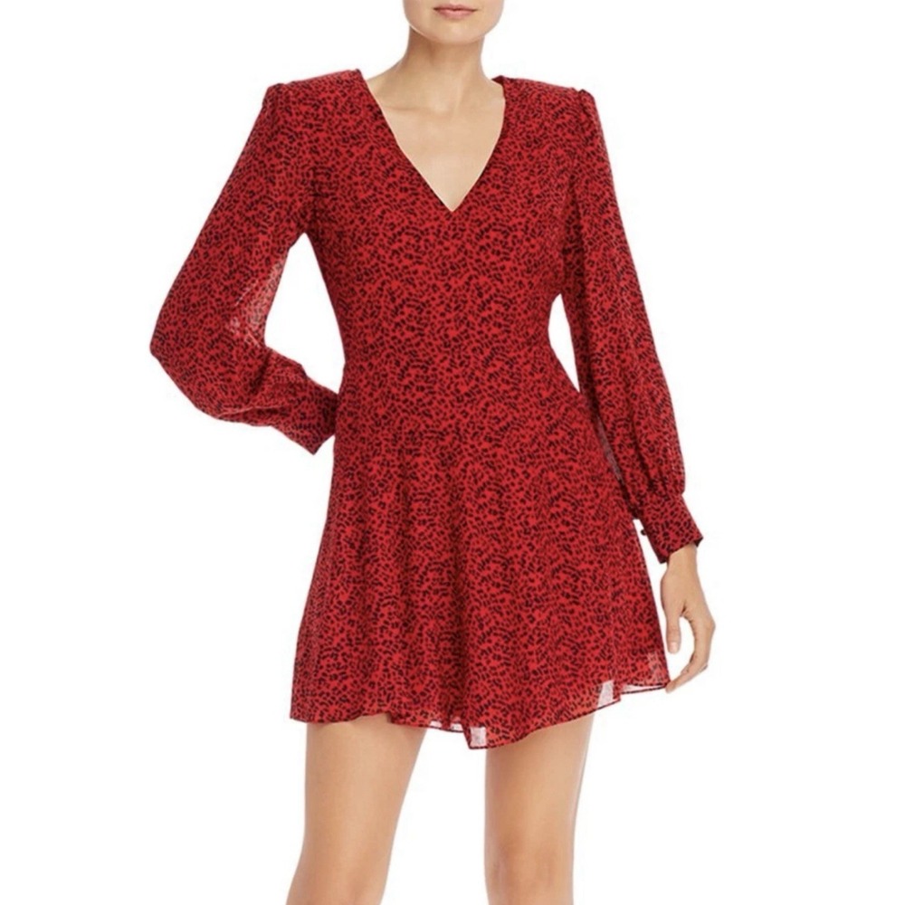 Alice & Olivia Mini Dress Red‎ POLLY Leopard Print Long Sleeve V-Neck Size 12